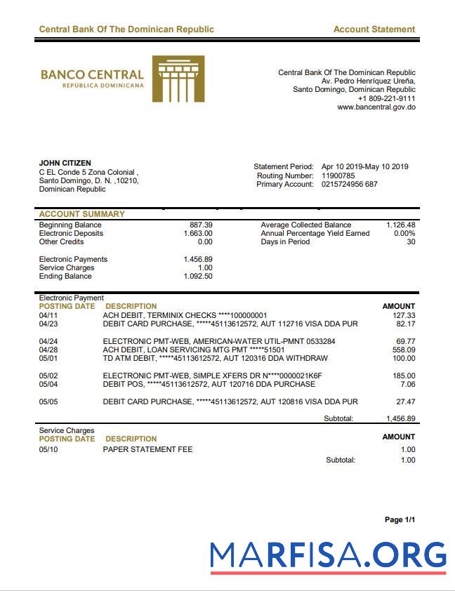 Realistic Dominican Republic Central Bank of The Dominican Republic bank statement word version 2 template
